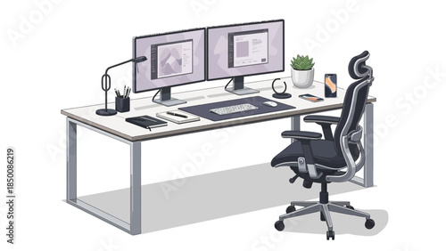 Pixelated home office setup with dual monitors and ergonomic chair