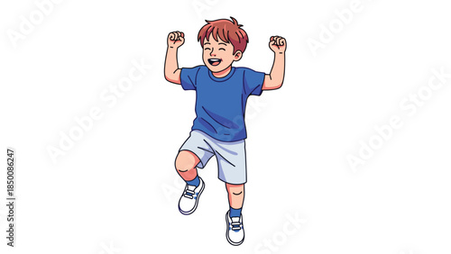 Joyful young boy exuberantly jumps for happiness with arms raised high, expressing excitement and positive emotion.