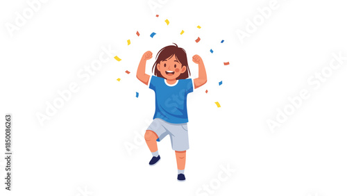 Joyful young girl celebrates with arms raised amidst a shower of colorful confetti, expressing excitement and happiness.