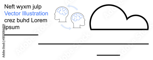 Technology, brainstorming, cloud computing, data exchange, digital connection, mental processes. Two brain icons with arrows and a cloud outline diagram. Technology and brainstorming
