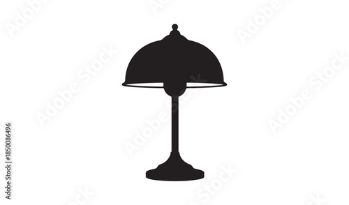 Black silhouette of a classic desk lamp with a domed shade and pedestal base, representing lighting, study, and vintage decor.