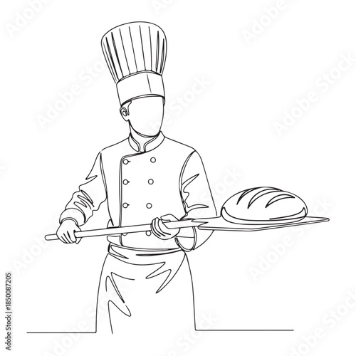 A chef in a tall hat holding a tray with a loaf of bread vector illustration