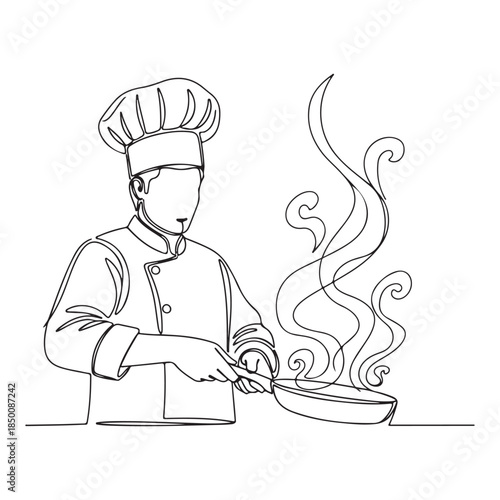 Line drawing of a chef cooking with a frying pan vector illustration