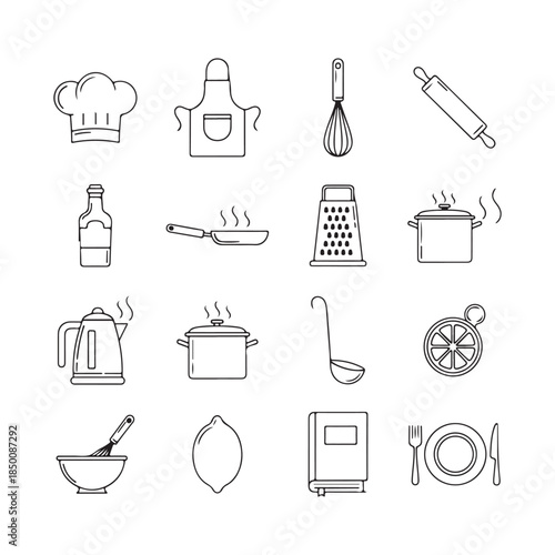 Black and white line drawing of various kitchen utensils and appliances vector illustration