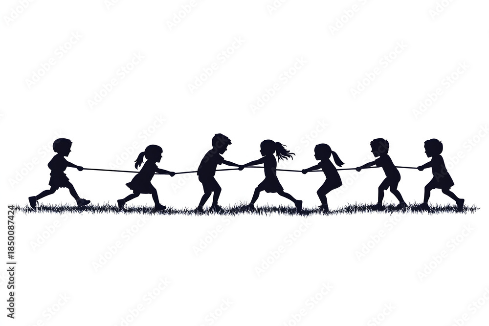 Obraz premium Children's Tug-of-War Silhouette: Seven children engage in a spirited game of tug-of-war, their silhouettes capturing the energy and teamwork of childhood fun.