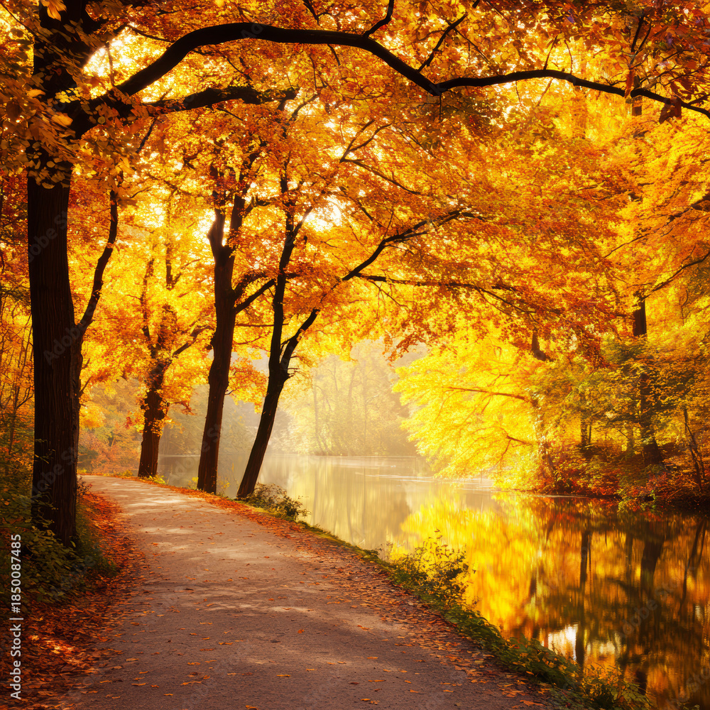 Fototapeta premium Autumn Forest Path by the River – AI Generative