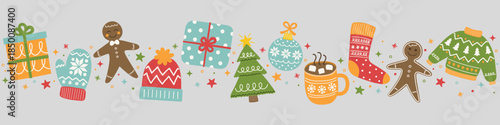Colourful Christmas banner. Festive tree, ball, present, sock, cookie, cup, hat, gloves. Vector illustration