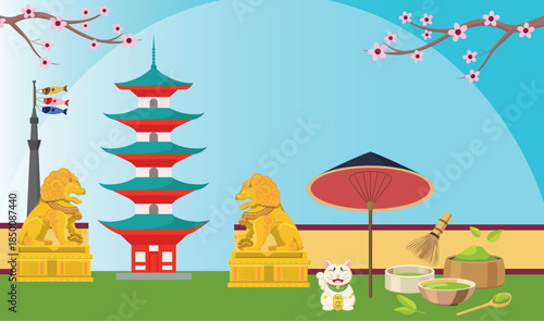 Japanese Cultural Landmarks Illustration – Pagoda, Golden Lion Statues, and Traditional Tea Ceremony