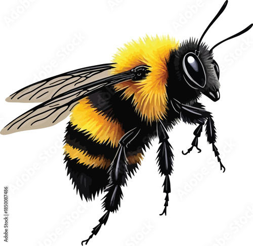 Vector art of a fuzzy bumblebee with black and yellow stripes is flying, isolated on white background