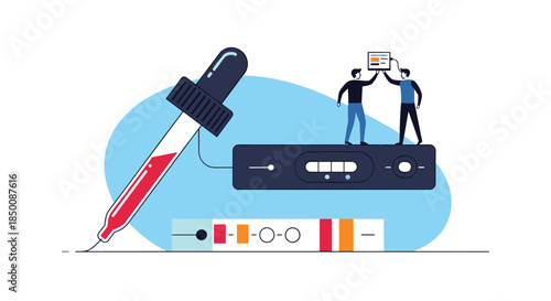 Medical team or researchers analyzing a blood sample on a rapid test strip with a large pipette and digital data on white background.
