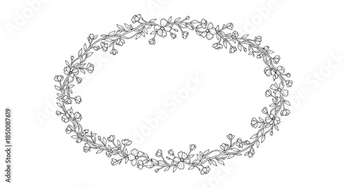 Decorative oval frame composed of delicate black and white hand-drawn floral branches and small blossoms on a clean white background.