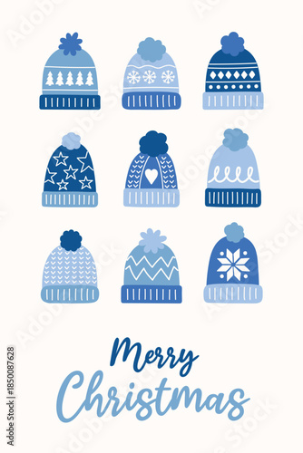 Colourful Christmas greeting card in cartoon style. Funny hand drawn winter hats. Vector illustration