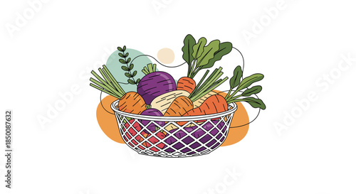 Healthy assortment of fresh vegetables including carrots and beets overflowing from a white wire basket against a colorful background.