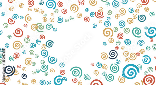 Dynamic pattern of colorful swirling spiral shapes in various sizes and shades of blue, orange, and red scattered over a white background.