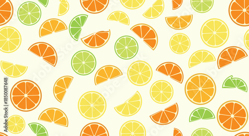 Refreshing seamless pattern of various citrus fruit slices including lemon, lime, and orange scattered on a light yellow background.