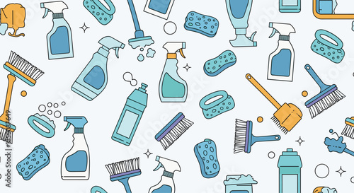 Extensive seamless pattern of household cleaning supplies including spray bottles, brushes, sponges, and soap in blue and yellow tones.