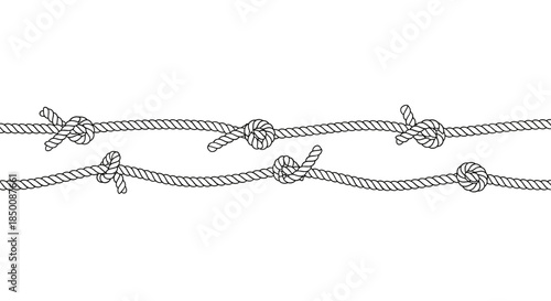 Seamless horizontal border design of two twisted ropes with knots tied at intervals on a plain white background for nautical themes.