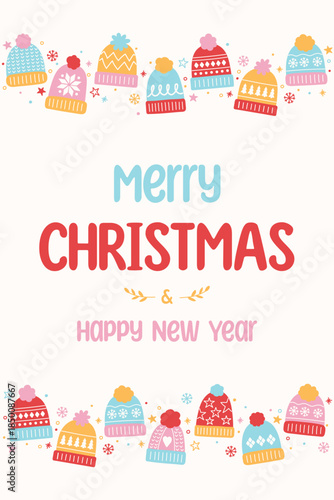 Christmas greeting card in retro style. Poster with hand drawn winter hats. Vector illustration