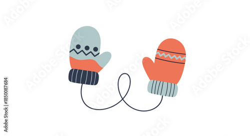 Pair of knitted mittens connected by a string on a plain white background, perfect for winter themes and cold weather concepts.