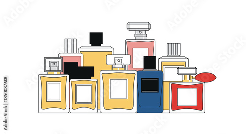 Collection of various perfume bottles in different shapes and colors like yellow, blue, and red arranged in a group on white background.