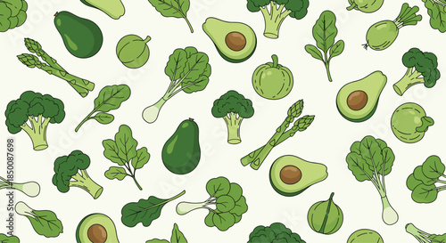 Healthy green vegetable seamless pattern with avocados, broccoli, asparagus, and leafy greens for clean eating and nutrition concepts.
