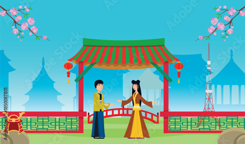 Traditional Japanese Festival Illustration – Cultural Celebration with Cherry Blossoms and Pagoda Background