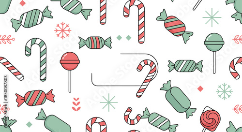 Sweet and colorful seamless pattern of various candies, lollipops, candy canes, and snowflakes for festive holiday and party themes.