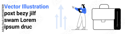 Person pointing upward beside ascending arrows and briefcase, symbolizing ambition, career growth, opportunity, leadership, goal setting, decision making, teamwork. Ideal for business presentations