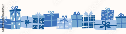 Christmas banner with cartoon hand drawn presents with bows. Vector illustration