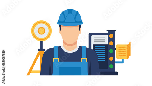 Construction worker in blue uniform stands near equipment and a warning light, representing safety and industrial work.