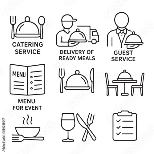 Catering line icon set vector. Catering service, food, delivery of ready meals, guest service, menu for event, banquet vector