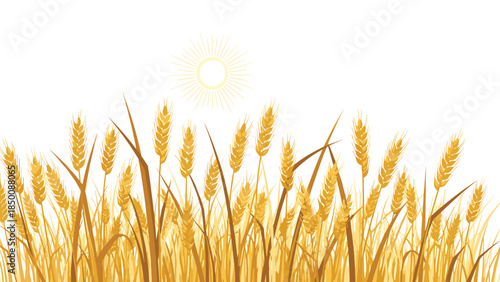 Golden wheat field sways gently under the warm sunlight, creating a serene and picturesque rural landscape.