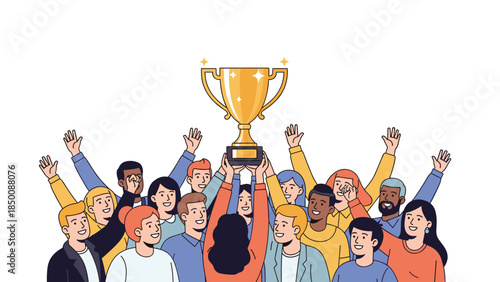 Diverse team celebrates a victory together, raising a golden trophy with joyful expressions and outstretched arms.