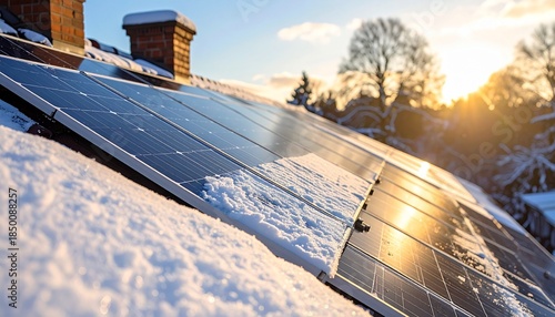 Solar panels covered in snow on a rooftop