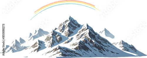Majestic snow capped mountain range appears below a bright vibrant rainbow against a white background