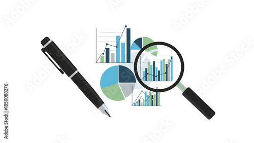 Detailed financial analysis is represented with charts, a magnifying glass, and a pen, symbolizing thorough investigation and data interpretation.