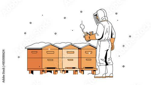 Beekeeper carefully inspects several beehives with a smoker, ensuring the health and productivity of the honeybee colony.