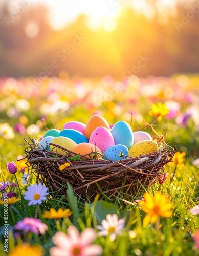 Osternest im Blumenfeld