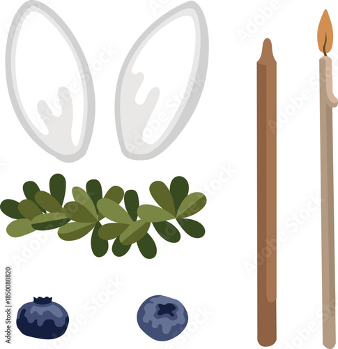 Hand-drawn collection for Easter cake decoration, bunny sugar ears and candles and blueberry and floral wreath