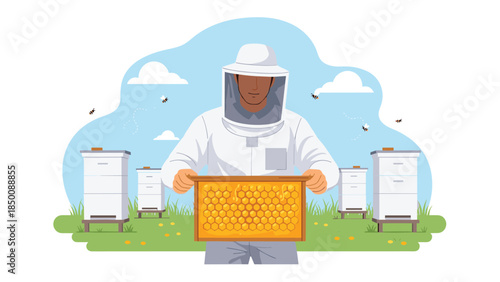 Beekeeper carefully inspects a honeycomb frame surrounded by beehives in a sunny meadow, demonstrating responsible apiculture.