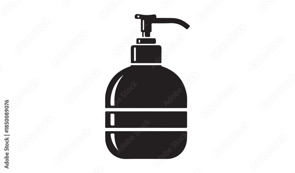 Obraz premium Black silhouette of a liquid soap dispenser bottle with a pump mechanism, symbolizing hygiene, cleaning, and personal care.