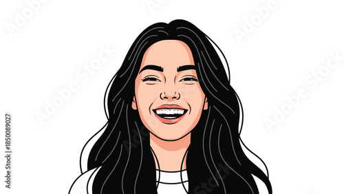 Joyful young woman with long dark hair is laughing with eyes closed, radiating happiness and positive energy.