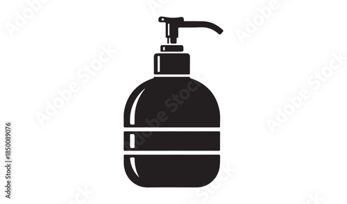 Black silhouette of a liquid soap dispenser bottle with a pump mechanism, symbolizing hygiene, cleaning, and personal care.