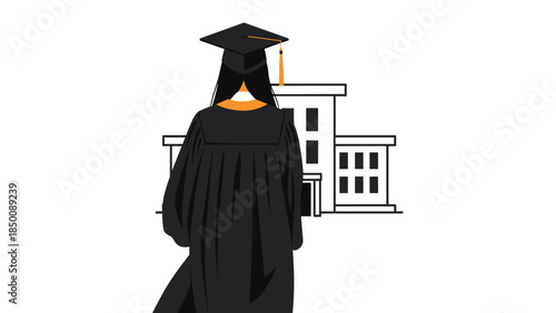 Graduation symbolizes achievement and new beginnings as a student looks toward the future with a college building in the background.