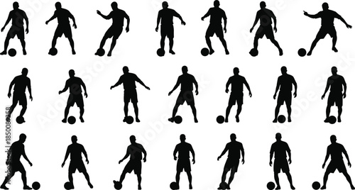 A collection of multiple male soccer player silhouettes in various action poses, dribbling, shooting, and passing the ball, on a white background for sports projects.