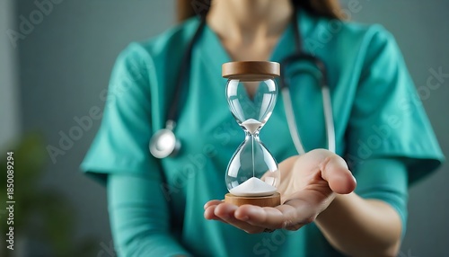Healthcare Professional with Hourglass – Medical Concept of Time, Urgency, and Patient Care