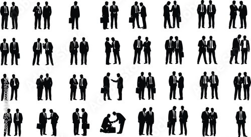 A collection of multiple male business people silhouettes, featuring men in suits and various actions like meetings, shaking hands, communication, and teamwork, for professional projects.