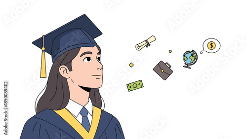 Smiling graduate envisions a bright future filled with opportunities like travel, career success, and financial stability.