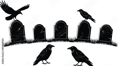 A spooky vector illustration of a haunted graveyard scene with multiple tombstones and ravens, perfect for Halloween and gothic design projects.