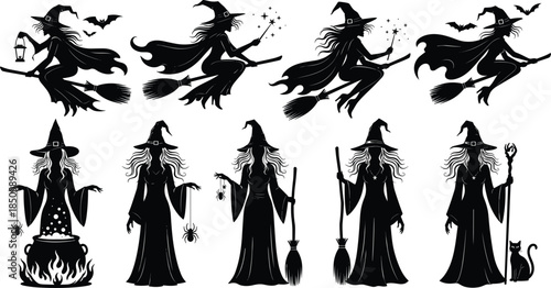 A spooky collection of black witch silhouettes for Halloween, featuring figures flying on brooms, standing with cauldrons, and pets, on a white background.